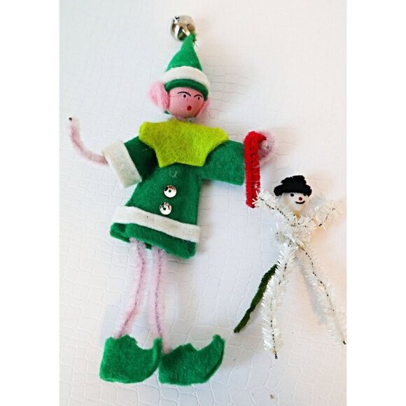 5 Vintage Christmas Ornaments Elf Celluloid Santa Flocked Angel Chenille Snowman - Picture 4 of 6